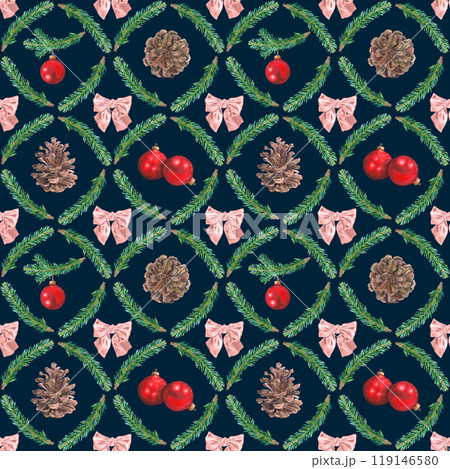 Seamless pattern of fir branches, pinecones, bow, red ball for Christmas. All objects are hand-painted with watercolor on dark blue background. For printing on paper, postcards, packaging, fabric. Seamless pattern of fir branches, pinecones, bow, red ball for Christmas. All objects are hand-painted with watercolor on dark blue background. For printing on paper, postcards, packaging, fabric. 119146580