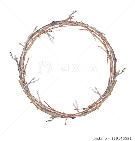 Watercolor wreath with dry bare branches. A hand-drawn illustration of a leafless branch on an isolated background. A botanical drawing for printing design, greeting cards, invitations, and posters. Watercolor wreath with dry bare branches. A hand-drawn illustration of a leafless branch on an isolated background. A botanical drawing for printing design, greeting cards, invitations, and posters. 119146581