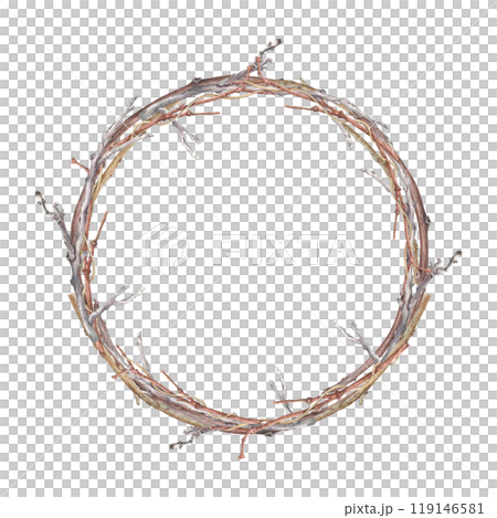 Watercolor wreath with dry bare branches. A hand-drawn illustration of a leafless branch on an isolated background. A botanical drawing for printing design, greeting cards, invitations, and posters. Watercolor wreath with dry bare branches. A hand-drawn illustration of a leafless branch on an isolated background. A botanical drawing for printing design, greeting cards, invitations, and posters. 119146581