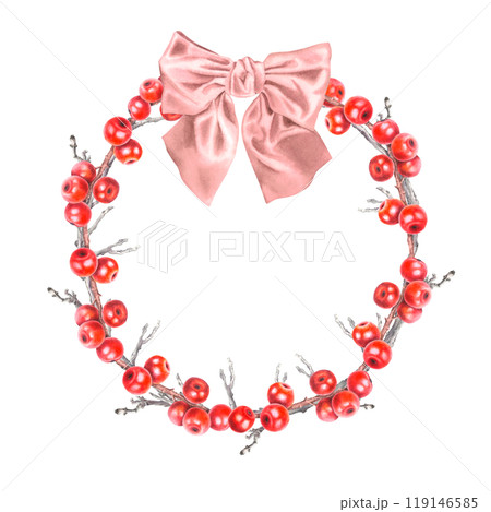 Christmas wreath with holly berry branches, dried boughs and bow. Hand drawn watercolor illustration of ilex on an isolated background. Botanical design for printing, invitations. New Year's theme. Christmas wreath with holly berry branches, dried boughs and bow. Hand drawn watercolor illustration of ilex on an isolated background. Botanical design for printing, invitations. New Year's theme. 119146585