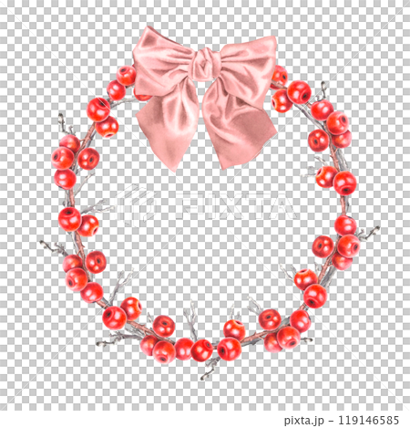 Christmas wreath with holly berry branches, dried boughs and bow. Hand drawn watercolor illustration of ilex on an isolated background. Botanical design for printing, invitations. New Year's theme. Christmas wreath with holly berry branches, dried boughs and bow. Hand drawn watercolor illustration of ilex on an isolated background. Botanical design for printing, invitations. New Year's theme. 119146585