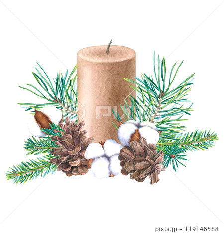 Christmas tree branches, candle, pinecones, bolls of cotton flowers. Hand drawn watercolor illustration of winter evergreen plants on isolated background. For New Year greeting cards, Xmas invitations 119146588