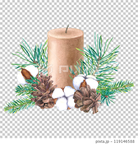 Christmas tree branches, candle, pinecones, bolls of cotton flowers. Hand drawn watercolor illustration of winter evergreen plants on isolated background. For New Year greeting cards, Xmas invitations Christmas tree branches, candle, pinecones, bolls of cotton flowers. Hand drawn watercolor illustration of winter evergreen plants on isolated background. For New Year greeting cards, Xmas invitations 119146588
