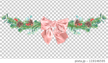 Christmas tree branches, red berries of ilex, eucalyptus twigs, pinecones and bow in the middle. Hand drawn watercolor illustration on isolated background. For New Year greeting cards, Xmas invitation 119146595