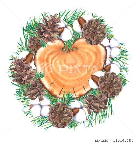 Christmas decoration with tree trunk slice, cones, coniferous twigs, bolls of cotton flower. Hand drawn watercolor wreath of winter plants on isolated background. Circle frame for holiday invitations. 119146599