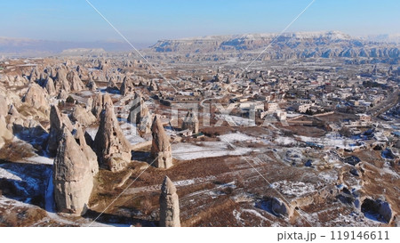 Aerial view of fairy chimney rock formation in Goreme Valley and National Park, Cappadocia, Nevsehir, Turkey. 119146611