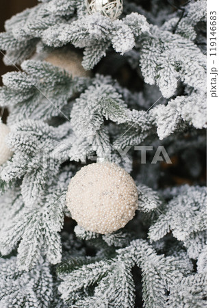 Christmas tree covered in snow with a white ball ornament hanging from it 119146683