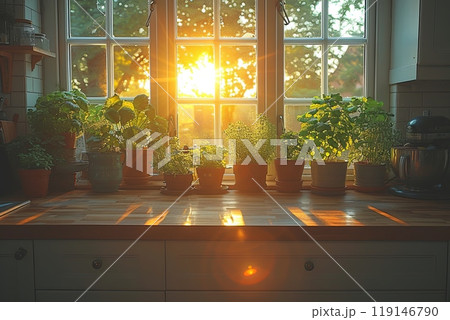 Window sill with potted plants and a sun shining 119146790