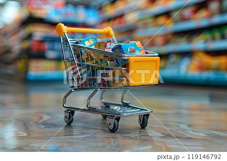 Shopping cart full of food items is shown in a store 119146792