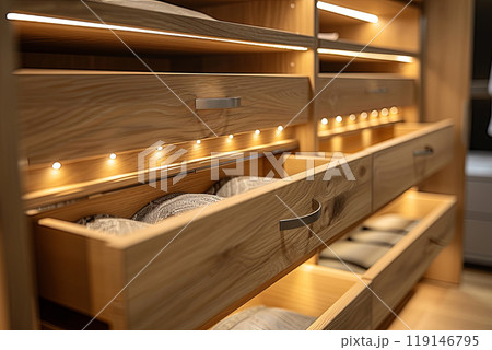 Wooden closet with drawers and lighted shelves 119146795