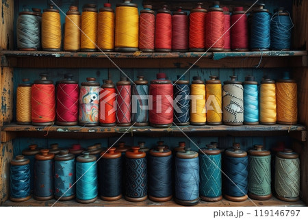 Shelf full of colorful spools of thread. Spools are arranged in a rainbow pattern 119146797