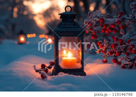 Lantern with light inside on the path strewn with snow. Christmas Card 119146798
