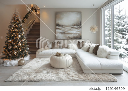 White living room with Christmas tree, painting on the wall. Home cozy and warm atmosphere with couch and rug 119146799