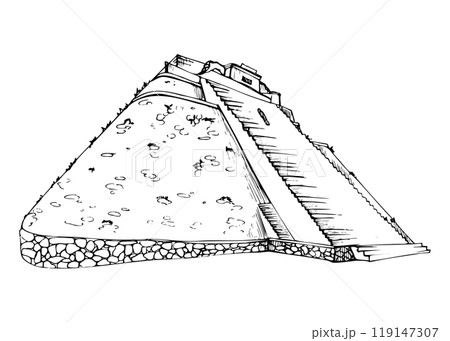 Mesoamerica Aztec Egyptian ancient monument, pyramid ruins heritage site, archaeology sightseeing. Isolated single object. Hand drawn ink vector illustration. Design travel brochure, vacation tours Mesoamerica Aztec Egyptian ancient monument, pyramid ruins heritage site, archaeology sightseeing. Isolated single object. Hand drawn ink vector illustration. Design travel brochure, vacation tours 119147307