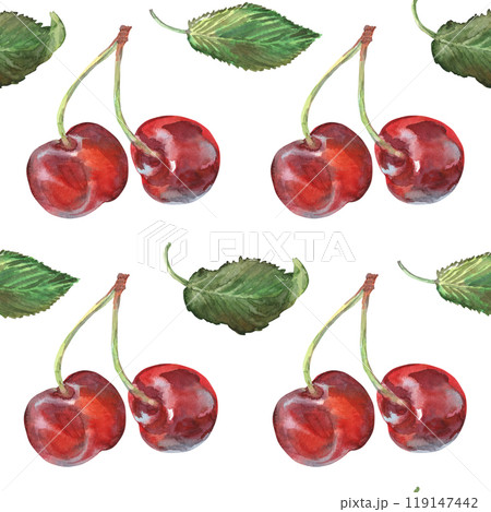Seamless cherry pattern with leaves in watercolor hand drawn. Ripe red berry on bunch of cherries. Two cherries are painted very brightly and with rich colors. It is included in the fruit series. This 119147442