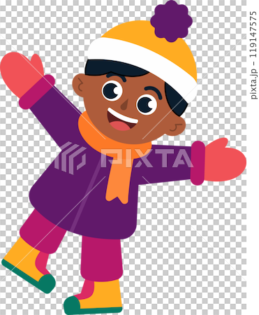 A young boy wearing a purple coat and a yellow hat is smiling A young boy wearing a purple coat and a yellow hat is smiling 119147575