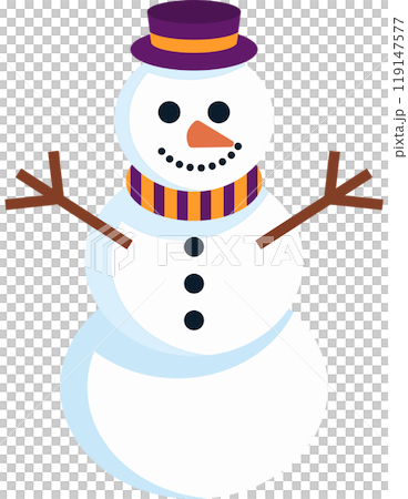 A cartoon snowman with a purple hat and orange scarf A cartoon snowman with a purple hat and orange scarf 119147577