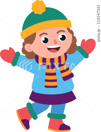 A girl in a blue jacket and a green hat is smiling and waving 119147581