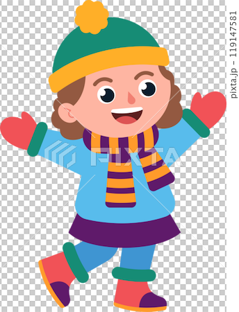 A girl in a blue jacket and a green hat is smiling and waving 119147581