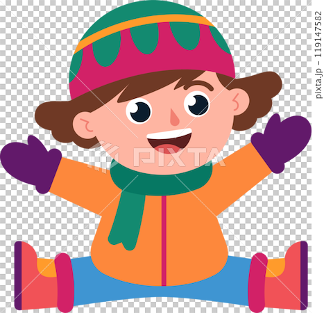 A cartoon boy is wearing a green and purple hat and a scarf 119147582