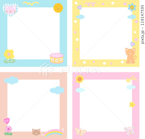 Pastel frame set with cat, heart, flower, butterfly, rainbow for polaroid photo, square ad template, social media post, decoration, notepads, sticky note, memo, animal print, spring, summer, picnic Pastel frame set with cat, heart, flower, butterfly, rainbow for polaroid photo, square ad template, social media post, decoration, notepads, sticky note, memo, animal print, spring, summer, picnic 119147595