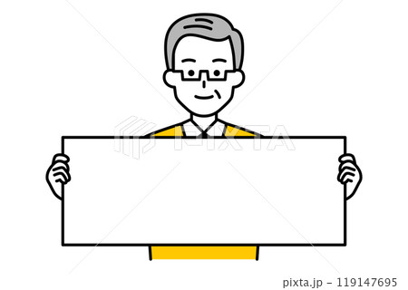 横長のプラカードを見せる年配の男性 119147695