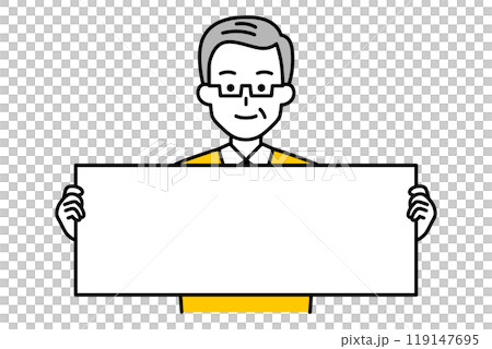 横長のプラカードを見せる年配の男性 119147695