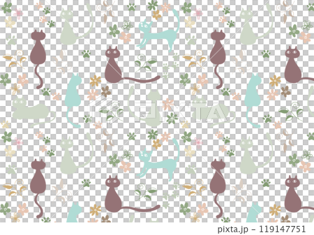 北欧風　花とカラフル猫と猫の足跡　パターン 119147751