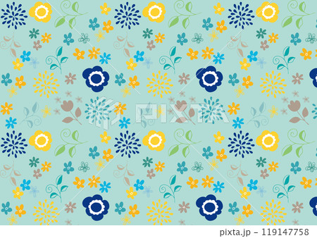 北欧風 カラフル花柄パターン 背景ブルーグリーン 北欧風 カラフル花柄パターン 背景ブルーグリーン 119147758