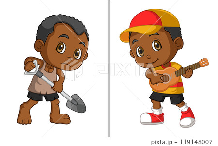 World Day Against Child Labor Concept With Child. Kids working on one side and on another side kids playing guitar 119148007