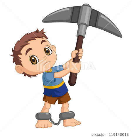 World Day Against Child Labor Concept With Child. Kids working and holding pickaxe 119148018