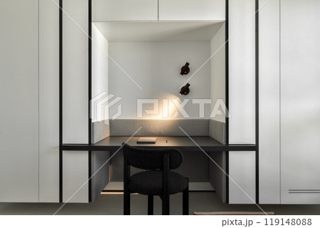 Explore the beauty of a modern minimalist workspace with elegant, stylish lighting Explore the beauty of a modern minimalist workspace with elegant, stylish lighting 119148088
