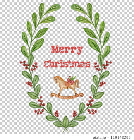 Oval Christmas wreath, watercolor clipart frame. Green twigs with berries, a wooden rocking horse. Children's postcards, Christmas tags. Oval Christmas wreath, watercolor clipart frame. Green twigs with berries, a wooden rocking horse. Children's postcards, Christmas tags. 119148293
