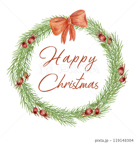 Christmas wreath with fir twigs, red berries and a bow, watercolor illustration on an isolated background. A template for the text. New Year's card, poster, tag. 119148304