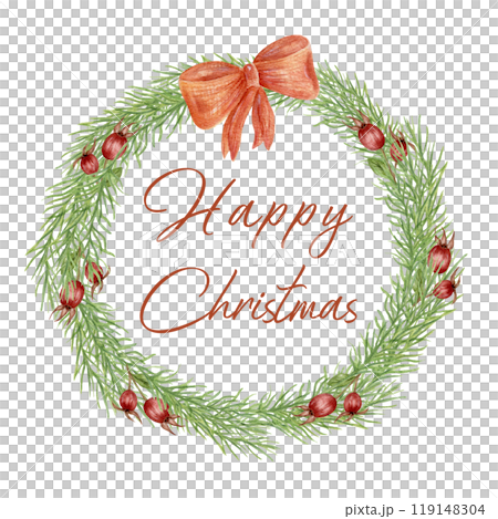 Christmas wreath with fir twigs, red berries and a bow, watercolor illustration on an isolated background. A template for the text. New Year's card, poster, tag. 119148304