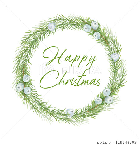 Christmas wreath with fir twigs and white berries, watercolor illustration on an isolated background. A template for the text. New Year's card, poster, tag. 119148305