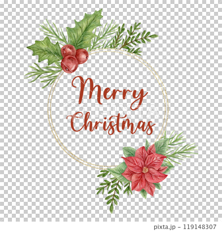 A festive round decoration in the form of a wreath for New Year or Christmas. Watercolor elements - coniferous twigs, holly with red berries, poinsettia. An empty space for the text. 119148307