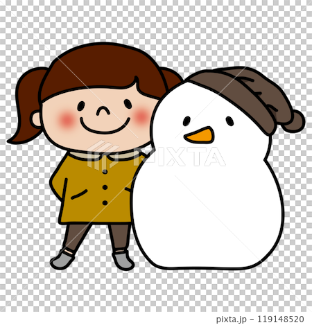 一個雪人和一個戴著自己編織的帽子的孩子 119148520