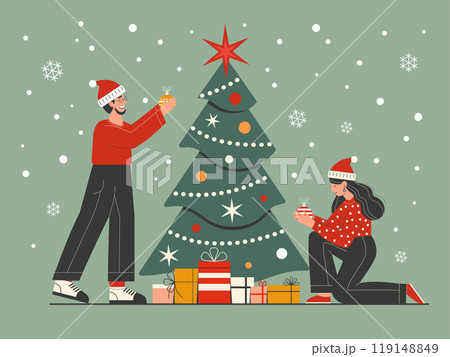 Young Couple Decorating Christmas Tree 119148849