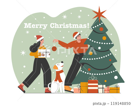 Family with Dog Decorating Christmas Tree Together 119148850