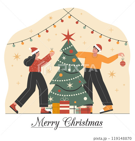 Young Couple Decorating Christmas Tree 119148870