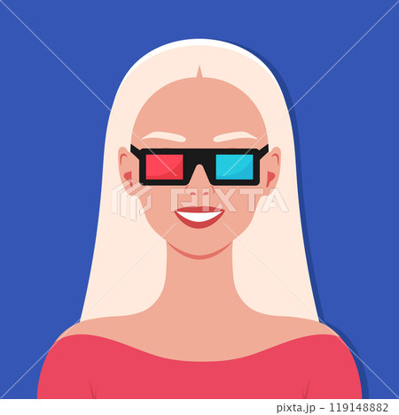 Smiling blond woman in 3d glasses. Girl watching 3d film. Vector illustration 119148882