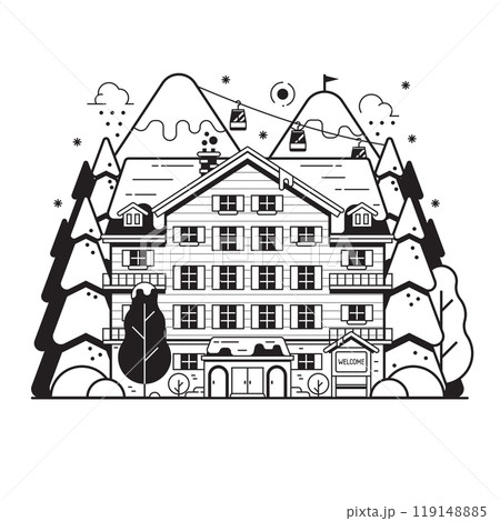 Mountain Ski Resort Concept Scene in Line Art 119148885