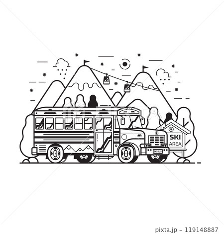 Ski Resort Shuttle Bus Winter Line Art Scene 119148887