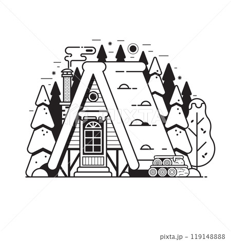 Snowy Winter House with Logs in Forest Snowy Winter House with Logs in Forest 119148888