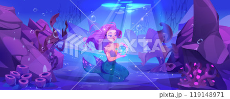 Mermaid sitting on sea bottom 119148971