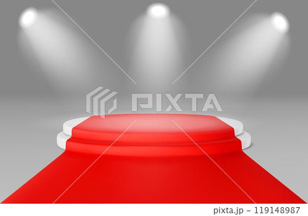 Stair product podium with red carpet and spotlight 119148987