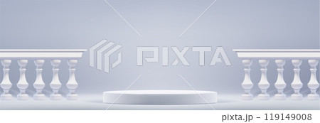 Round podium and marble balustrade on white 119149008