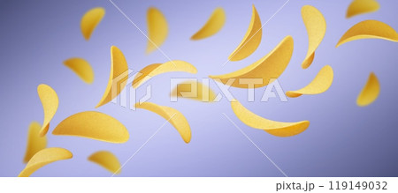 Blue background with flying crisp potato chips. 119149032