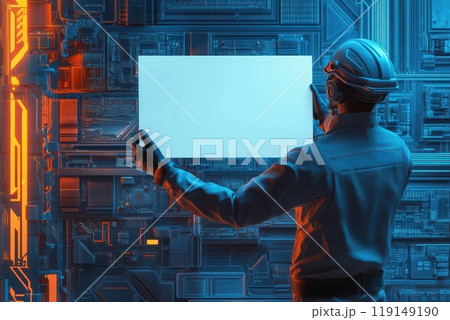 Concept of focus and concentration as the man interacts with the computer 119149190